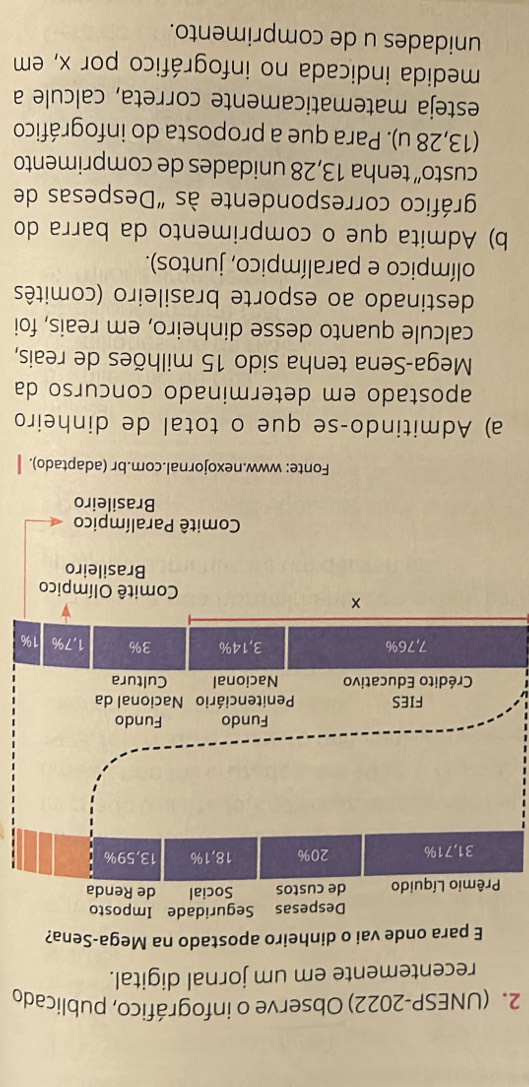 (UNESP-2022) Observe o infográfico, publicado 
recentemente em um jornal digital. 
E para onde vai o dinheiro apostado na Mega-Sena? 
Despesas Seguridade Imposto 
Prêmio Líquido de custos Social de Renda
31,71% 20% 18,1% 13,59%
Fundo Fundo 
FIES Penitenciário Nacional da 
Crédito Educativo Nacional Cultura
7,76% 3,14% 3% 1,7% 1%
× 
Comitê Olímpico 
Brasileiro 
Comitê Paralímpico 
Brasileiro 
Fonte: www.nexojornal.com.br (adaptado). 
a) Admitindo-se que o total de dinheiro 
apostado em determinado concurso da 
Mega-Sena tenha sido 15 milhões de reais, 
calcule quanto desse dinheiro, em reais, foi 
destinado ao esporte brasileiro (comitês 
olímpico e paralímpico, juntos). 
b) Admita que o comprimento da barra do 
gráfico correspondente às "Despesas de 
custo”' tenha 13,28 unidades de comprimento 
(13,28 u). Para que a proposta do infográfico 
esteja matematicamente correta, calcule a 
medida indicada no infográfico por x, em 
unidades u de comprimento.