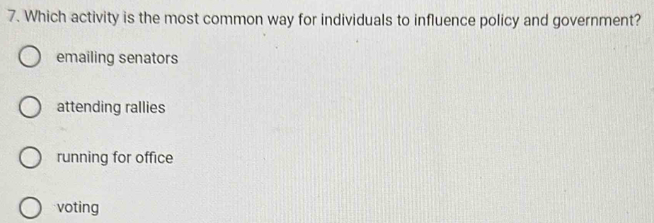 Which activity is the most common way for individuals to influence policy and government?
emailing senators
attending rallies
running for office
voting