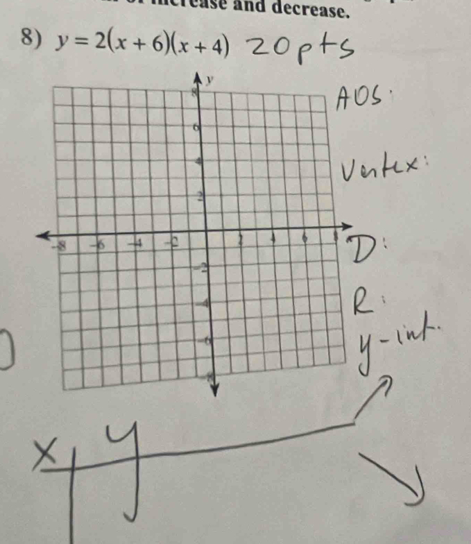 crease and decrease. 
8) y=2(x+6)(x+4)