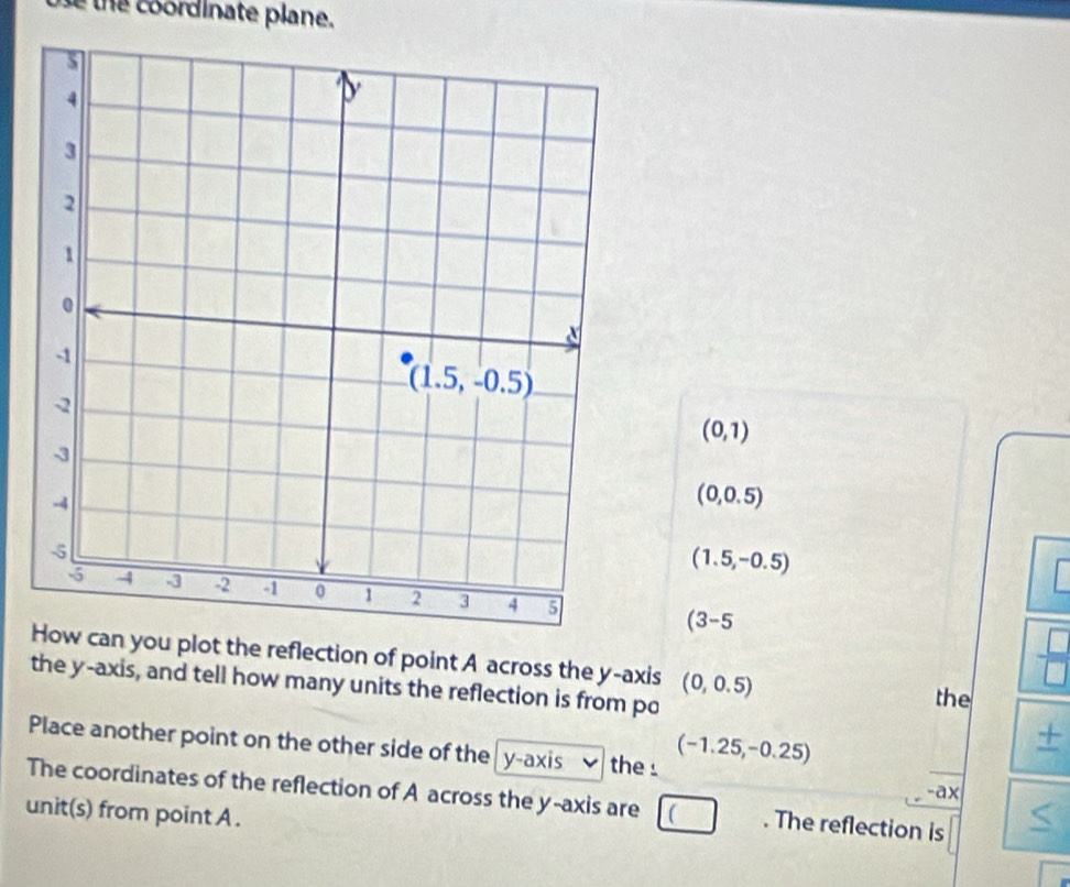 the coordinate plane.
(0,1)
(0,0.5)
(1.5,-0.5)
(3-5
How can you plot the reflection of point A across the y-axis (0,0.5)
the y-axis, and tell how many units the reflection is from po the
Place another point on the other side of the y-axis the : (-1.25,-0.25)
-ax
The coordinates of the reflection of A across the y-axis are . The reflection is
unit(s) from point A .