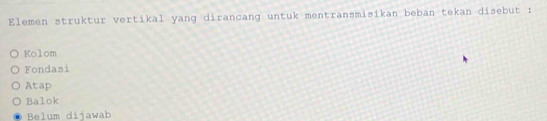 Elemen struktur vertikal yang dirancang untuk mentransmisikan beban tekan disebut :
Kolom
Fondasi
Atap
Balok
Belum dijawab