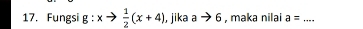 Fungsi g:xto  1/2 (x+4) , jika ato 6 , maka nilai a= _