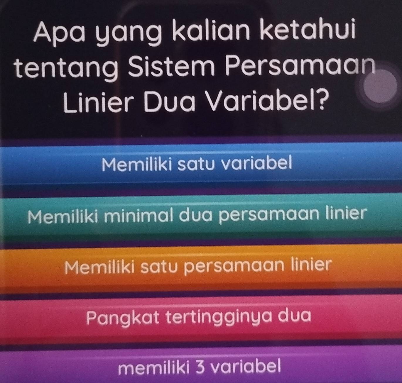 Apa yang kalian ketahui
tentang Sistem Persamaan
Linier Dua Variabel?
Memiliki satu variabel
Memiliki minimal dua persamaan linier
Memiliki satu persamaan linier
Pangkat tertingginya dua
memiliki 3 variabel