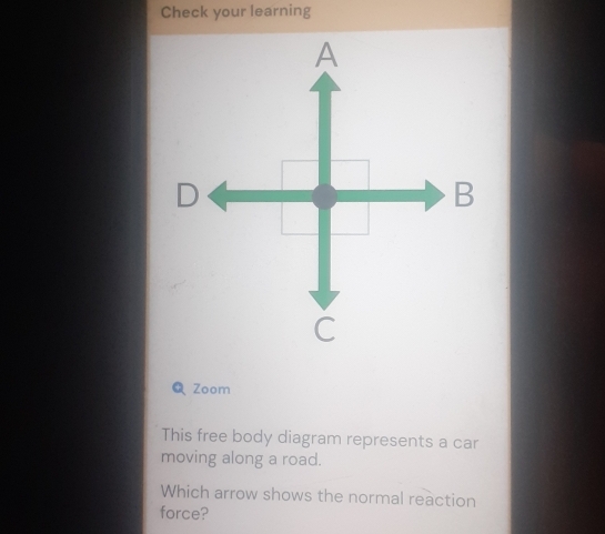 Check your learning 
Q Zoom 
This free body diagram represents a car 
moving along a road. 
Which arrow shows the normal reaction 
force?