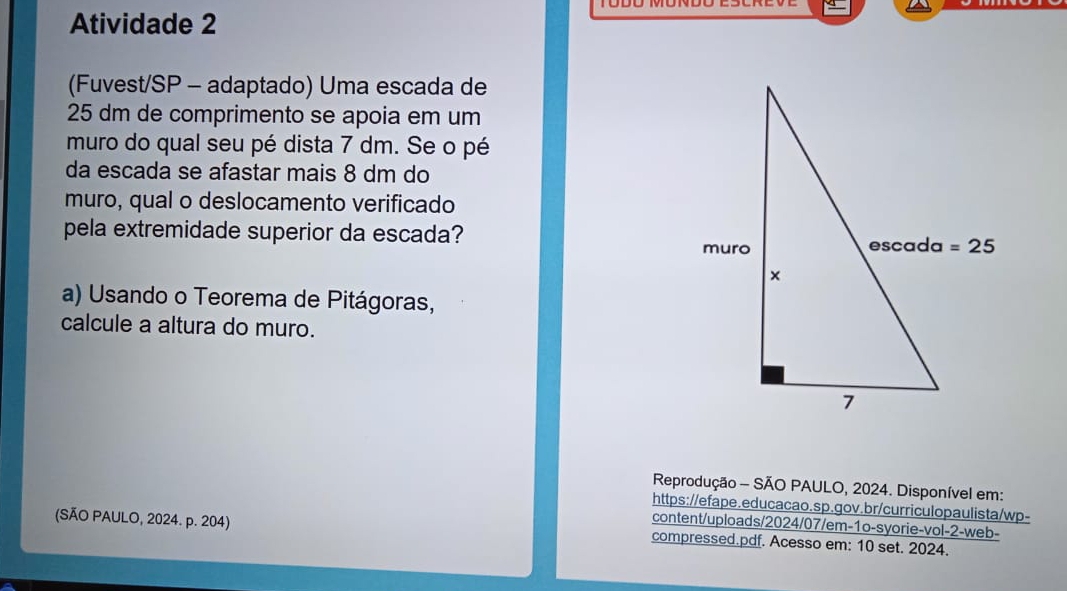 Atividade 2
(Fuvest/SP - adaptado) Uma escada de
25 dm de comprimento se apoia em um
muro do qual seu pé dista 7 dm. Se o pé
da escada se afastar mais 8 dm do
muro, qual o deslocamento verificado
pela extremidade superior da escada?
a) Usando o Teorema de Pitágoras,
calcule a altura do muro.
Reprodução - SÃO PAULO, 2024. Disponível em:
https://efape.educacao.sp.gov.br/curriculopaulista/wp-
content/uploads/2024/07/em-1o-syorie-vol-2-web-
(SÃO PAULO, 2024. p. 204) compressed.pdf. Acesso em: 10 set. 2024.