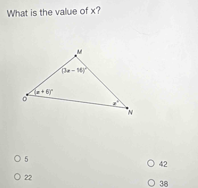 What is the value of x?
5
42
22
38