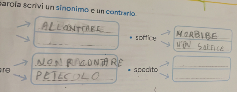 arola scrivi un sinonimo e un contrario. 
_ 
_ 
soffice_ 
_ 
_ 
_ 
re spedito 
_ 
_ 
_