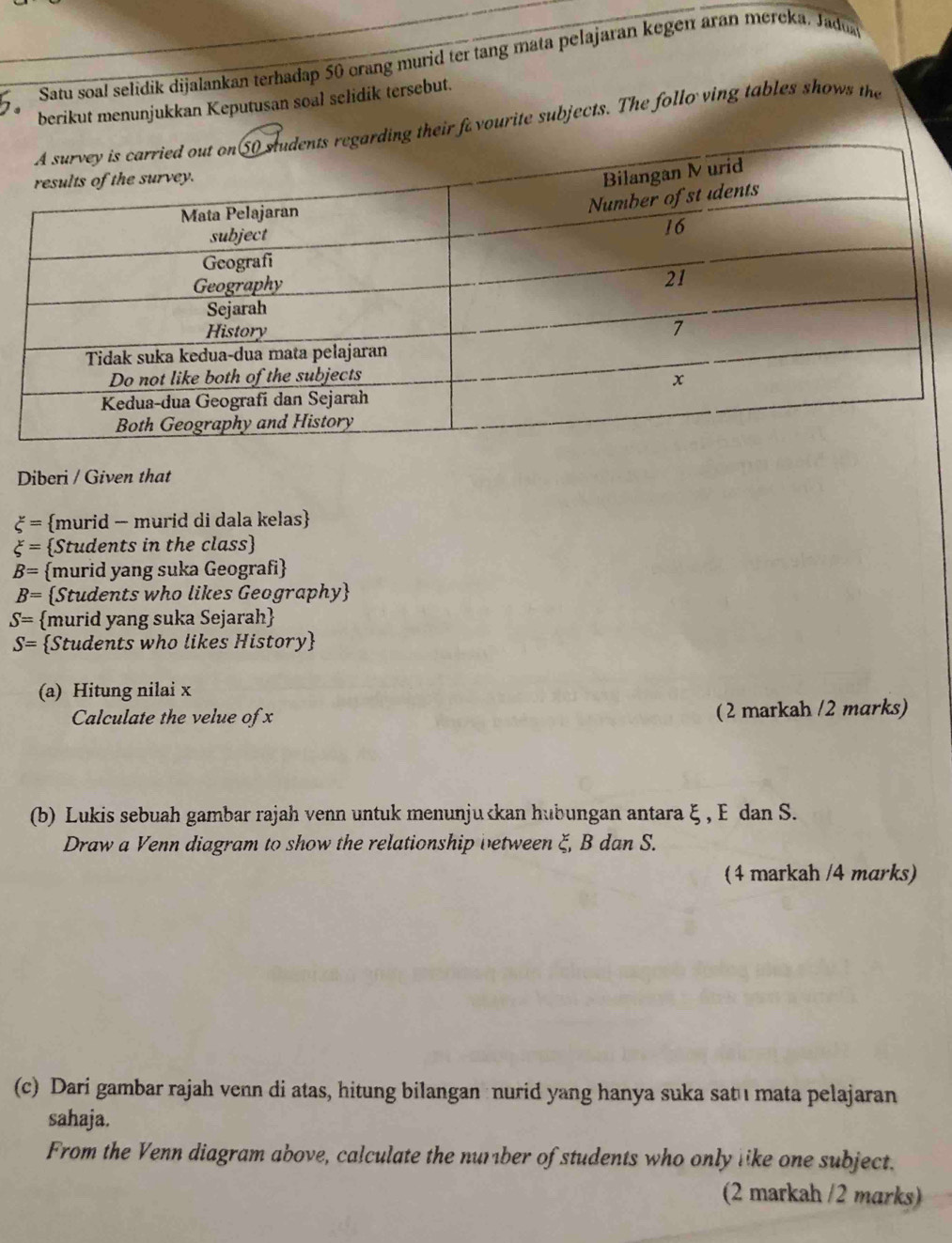 Satu soal selidik dijalankan terhadap 50 crang murid ter tang mata pelajaran kegen aran mereka, Jadua 
berikut menunjukkan Keputusan soal selidik tersebut. 
rding their f vourite subjects. The follo ving tables shows the 
Diberi / Given that
xi = murid - murid di dala kelas
xi = Students in the class
B= murid yang suka Geografi
B= Students who likes Geography
S= murid yang suka Sejarah
S= Students who likes History 
(a) Hitung nilai x
Calculate the velue of x (2 markah /2 marks) 
(b) Lukis sebuah gambar rajah venn untuk menunju ξ , E dan S. 
Draw a Venn diagram to show the relationship between ζ, B dan S. 
(4 markah /4 marks) 
(c) Dari gambar rajah venn di atas, hitung bilangan nurid yang hanya suka satı mata pelajaran 
sahaja. 
From the Venn diagram above, calculate the number of students who only like one subject. 
(2 markah /2 marks)