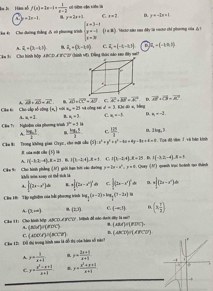 ầu 3: Hàm số f(x)=2x-1+ 1/x-2  có tiệm cận xiên là
A. y=2x-1. B. y=2x+1. C. x=2. D. y=-2x+1.
Cầu 4: Cho đường thẳng △ có phương trình beginarrayl x=3-t y=-1 z=3tendarray. (t∈ R). Vectơ nào sau đây là vectơ chỉ phương của △
A. vector u_1=(3;-1;3). B. vector u_2=(3;-1;0). C. vector u_3=(-1;-1;3). D. vector u_4=(-1;0;3).
Câu 5: Cho hình hộp ABCD A'B'C'D' (hình vẽ). Đẳng thức nào sau đây sai?
A. overline AB+overline AD=overline AC. B. overline AD+overline CC'=overline AD' C. vector AC+vector BB'=vector AC' D. overline AB'+vector CB=vector AC'
Câu 6: Cho cấp số cộng (u_n) với u_10=25 và công sai d=3. Khi đó u bằng
A. u_1=2. B. u_1=3. C. u_1=-3. D. u_1=-2.
Câu 7: Nghiệm của phương trình 3^(2x)=5la
A. frac log _532. B. frac log _352. C.  125/2 . D. 2log _53.
Câu 8: Trong không gian Oxyz, cho mặt cầu (S): x^2+y^2+z^2-6x+4y-8z+4=0. Tọa độ tâm / và bán kính
R của mặt cầu (S) là
A. I(-3;2;-4),R=25. B. I(3;-2;4),R=5. C. I(3;-2;4),R=25. D. I(-3;2;-4),R=5.
Câu 9: Cho hình phẳng (H) giới hạn bởi các đường y=2x-x^2,y=0. Quay (H) quanh trục hoành tạo thành
khối tròn xoay có thể tích là
A. ∈tlimits _0^(2(2x-x^2))dx B. π ∈tlimits _0^(2(2x-x^2))^2 1 r C. ∈tlimits _0^(2(2x-x^2))^2dx. D. π ∈tlimits _0^(2(2x-x^2))dx
Câu 10: Tập nghiệm của bất phương trình log _ π /6 (x-2)>log _ π /6 (7-2x)ld
A. (3;+∈fty ). B. (2;3). C. (-∈fty ;3). D. (3; 7/2 ).
Câu 11: Cho hình hộp AB( CD.A'B'C'D' Mệnh đề nào dưới đây là sai?
A. (BDA')//(B'D'C).
B. (ABA')//(B'D'C).
C. (ADD'A')parallel (BCC'B').
D. (ABCD)parallel (A'B'C'D').
Câu 12: Đồ thị trong hình sau là đồ thị của hàm số nào?
A. y= 1/x+1 . B. y= (2x+1)/x+1 .
C. y= (x^2-x+1)/x+1 . D. y= (x^2+x+1)/x+1 .