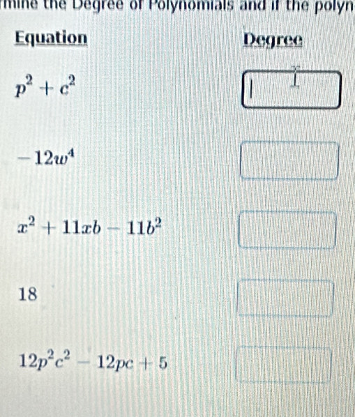 mine the Degree of Polynomials and if the polyn
Equation Degree
p^2+c^2
-12w^4
x^2+11xb-11b^2
18
12p^2c^2-12pc+5