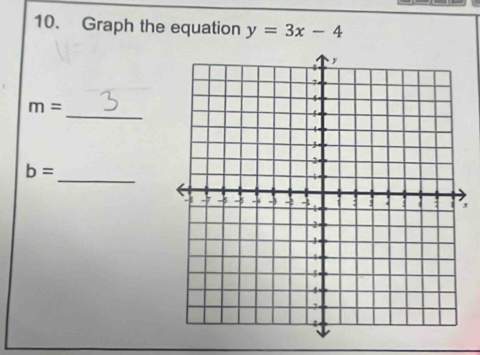 Graph the equation y=3x-4
_
m=
_
b=
x