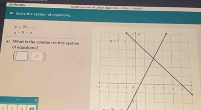 ' i enakcry Graph Systems of Linear Equations — Quiz — Level H
# Solve the system of equations.
y=2x-1
y=5-x
What is the solution to this system
of equations?
(□ ,□ )
×