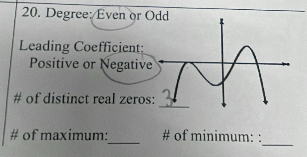 Degree: Even or O 
Leading Coefficient: 
Positive or Negative 
# of distinct real zeros 
_ 
# of maximum:_ # of minimum: :