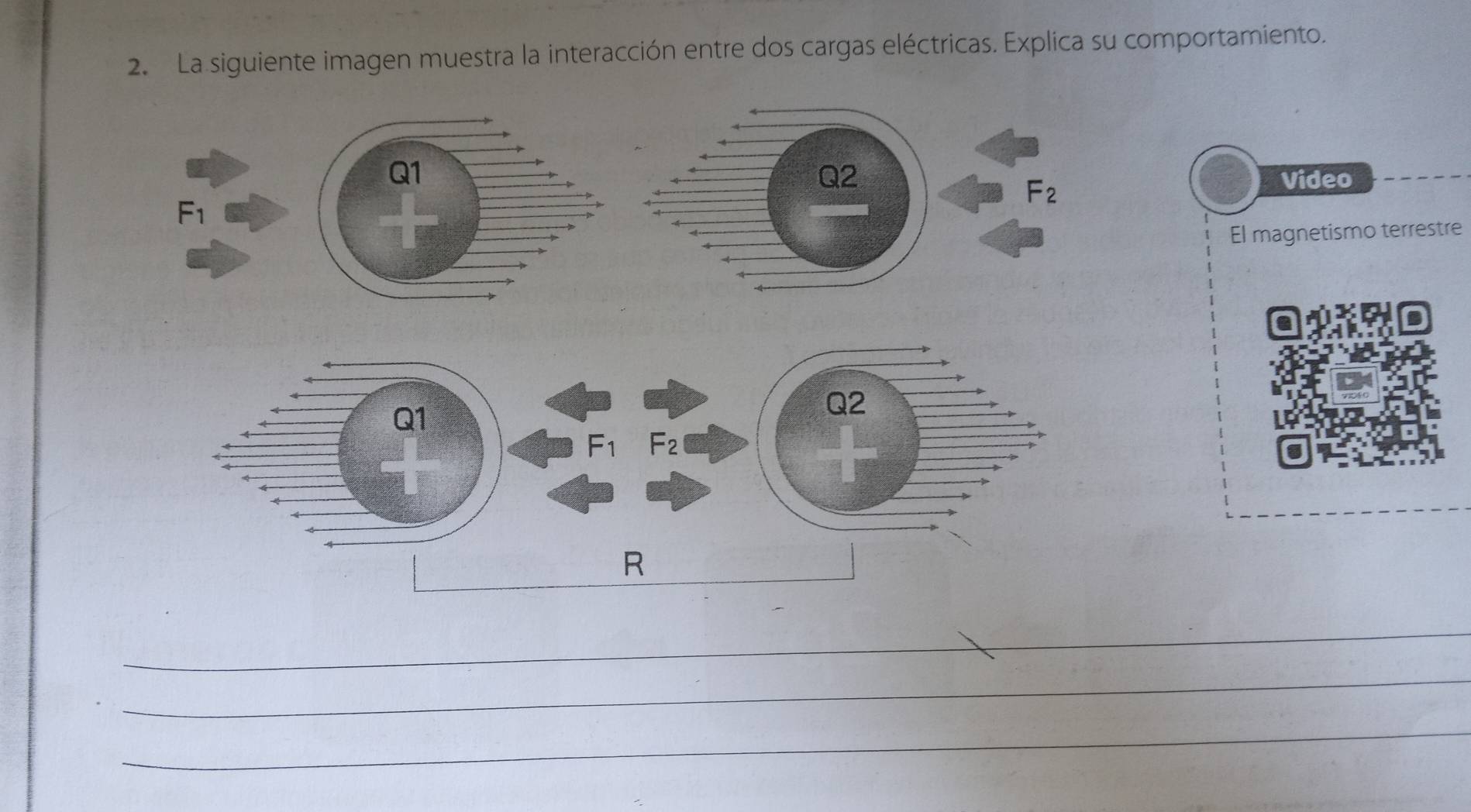 La siguiente imagen muestra la interacción entre dos cargas eléctricas. Explica su comportamiento.
Q1
Video
F_1
El magnetismo terrestre
Q1
F_1 F_2
R
_
_
_