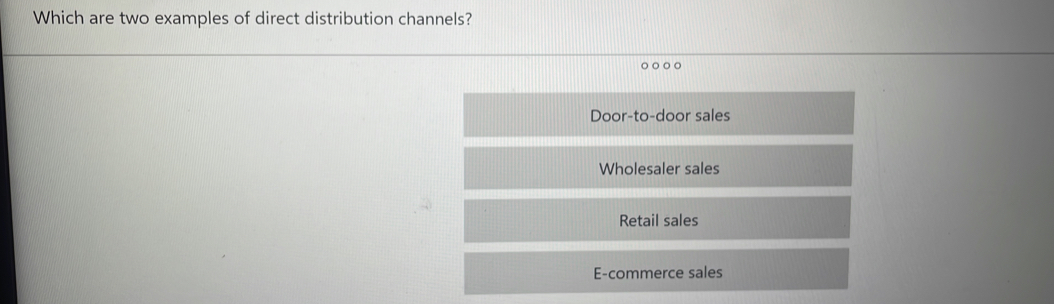 Which are two examples of direct distribution channels?
Door-to-door sales
Wholesaler sales
Retail sales
E-commerce sales