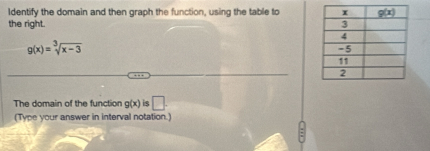 Identify the domain and then graph the function, using the table to 
the right.
g(x)=sqrt[3](x-3)
The domain of the function g(x) is □ .
(Type your answer in interval notation.)