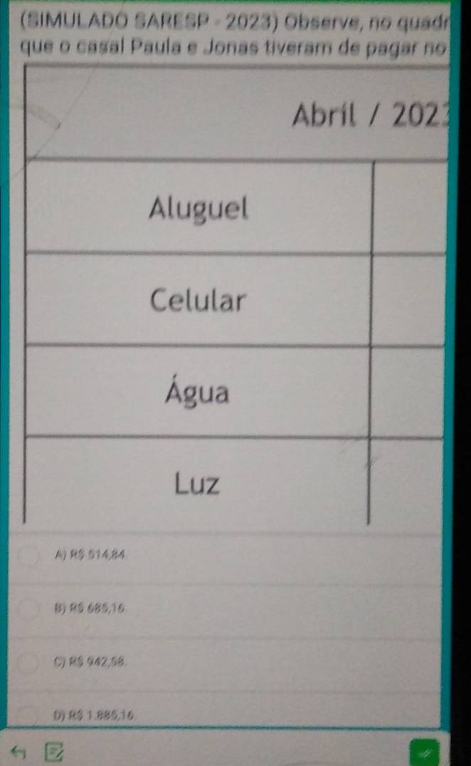 (SIMULADO SARESP - 2023) Observe, no quadr
q
3
B) RS 685,16
C) RS 942,98.
D) R$ 1.885,16.