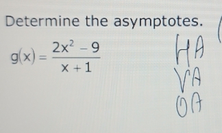 Determine the asymptotes.
g(x)= (2x^2-9)/x+1 