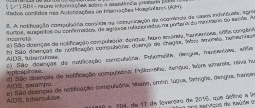 ) SIH - reúne informações sobre a assistência prestada pelos no.
dados contidos nas Autorizações de Internações Hospitalares (AIH).
8. A notificação compulsória consiste na comunicação da ocorrência de casos individuais, agre
surtos, suspeitos ou confirmados, de agravos relacionados na portaria do ministério da saúde. A
a) São doenças de notificação compulsória: dengue, febre amarela, hanseníase, sífilis congênit
incorreta.
b) São doenças de notificação compulsória: doença de chagas, febre amarela, hanseníase
c) São doenças de notificação compulsória: Poliomelite, dengue, hanseníase, sífilis
AIDS, tuberculose.
d) São doenças de notificação compulsória: Poliomelite, dengue, febre amarela, raiva hu
leptospirose.
AIDS, sarampo. e) São doenças de notificação compulsória: tétano, crohn, lúpus, faringite, dengue, hanser
AIDS, tuberculose.
1S n 204, de 17 de fevereiro de 2016, que define à lis
ica no s serviços de saúde e