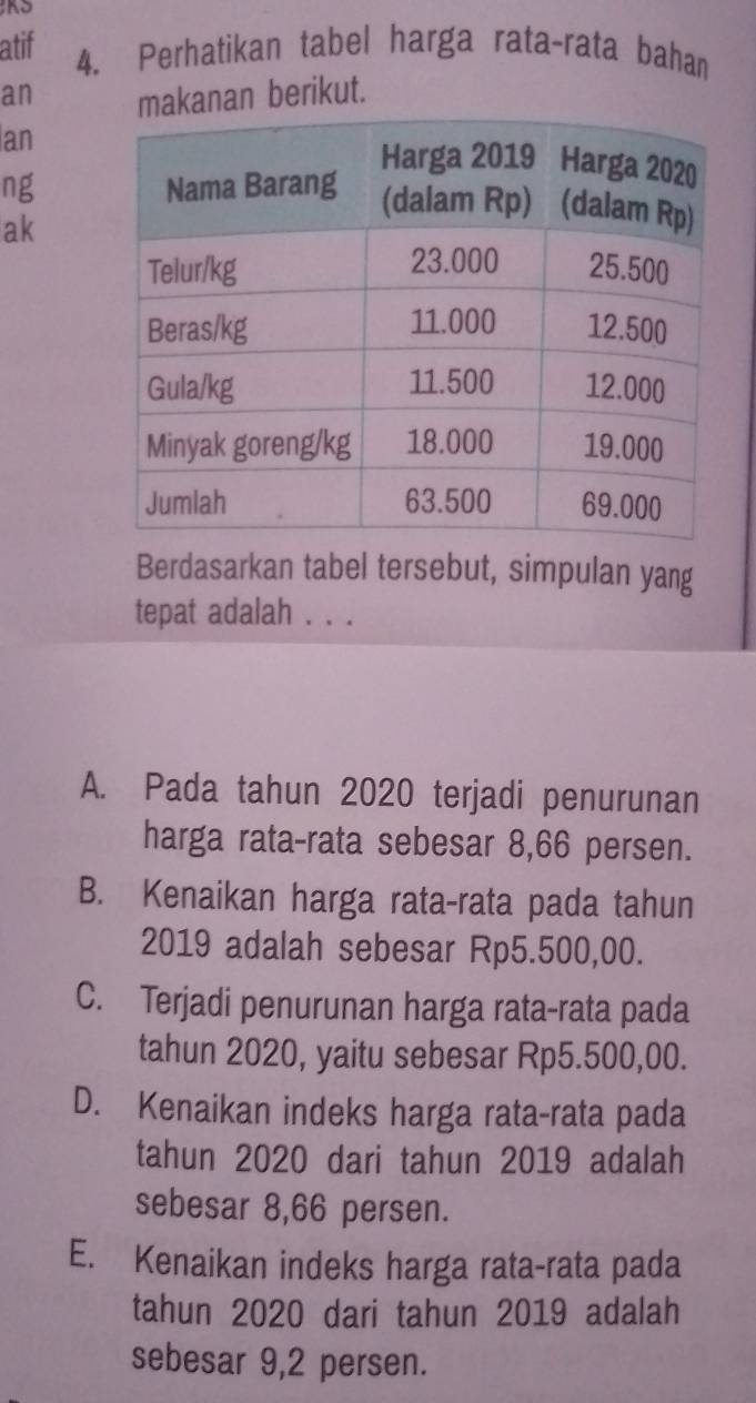 atif 4. Perhatikan tabel harga rata-rata bahan
an makanan berikut.
an
ng
ak
Berdasarkan tabel tersebut, simpulan yang
tepat adalah . . .
A. Pada tahun 2020 terjadi penurunan
harga rata-rata sebesar 8,66 persen.
B. Kenaikan harga rata-rata pada tahun
2019 adalah sebesar Rp5.500,00.
C. Terjadi penurunan harga rata-rata pada
tahun 2020, yaitu sebesar Rp5.500,00.
D. Kenaikan indeks harga rata-rata pada
tahun 2020 dari tahun 2019 adalah
sebesar 8,66 persen.
E. Kenaikan indeks harga rata-rata pada
tahun 2020 dari tahun 2019 adalah
sebesar 9,2 persen.