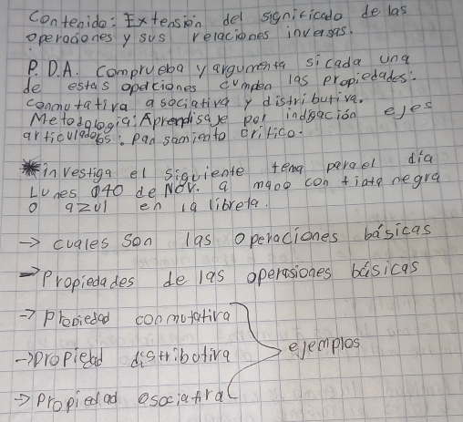 contenide: Exteasjon del signicicado de las 
operadiones y sus relaciones inversas. 
P. D. A. Comprueba yargumenta sicada una 
de estas operciones umplen las propiedades. 
conmutativa a sociativay distributiva. 
Me to dglogia Aprendisase pol indigaciáo ejes 
articuladobs. pad samien to crifico. 
in restiga el siqviente teng peroel dia 
Lunes 040 deNOV. a maoo con tiato negra
q≥ U 1 en 19 librela. 
cugles son las o peraciones basicas 
Propiedades de las operasiones basicas 
Prebiedad conmutativa 
)propletad distribotiva ejemplos 
propiedad esociafral