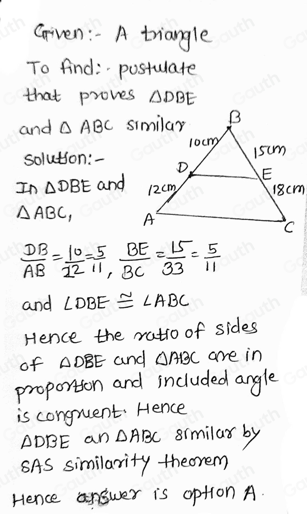 Solved: Is DBE similar to ABC ? If so, which postulate or theorem ...