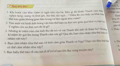 Sau khi đọc 
âu a b, 
1. Khi bước vào khu vườn có ngôi nhà của bà, điều gì đã khiến Thanh cảm thấy phù hợp khôi 4. Nhận xét 
nghện họng, mừng rỡ, bình yên, thư thái, dịu ngọt,...? Điều đó cho thấy sự khác biệi Than 
thế nào giữa không gian bên trong và bên ngoài khu vườn? 
2. Tìm một vài hình ảnh trong văn bản thể hiện sự đan xen giữa quá khứ và hiện tại, bóng tối Thanh 
Ý nghĩa của sự đan xen đó là gì? gian nh 
3. Những kỉ niệm nào của tuổi thơ đã trở về với Thanh khi anh về thăm bà? Những 5. Phân 
kỉ niệm ấy gọi lên trong Thanh cảm xúc gì? Qua đó, bạn cảm nhận như thế nào vệ 
nhân vật này? 
4. Bạn cảm nhận như thế nào về tình cảm giữa Thanh và Nga? Dựa vào đâu mã bạn 6. Đọ 
có thể cảm nhận như vậy? 
a. 
5. Bạn hiểu thế nào về câu nói đi để trở về sau khi đọc xong truyện này? b