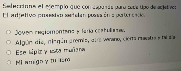 Selecciona el ejemplo que corresponde para cada tipo de adjetivo:
El adjetivo posesivo señalan posesión o pertenencia.
Joven regiomontano y feria coahuilense.
* Algún día, ningún premio, otro verano, cierto maestro y tal día-
Ese lápiz y esta mañana
Mi amigo y tu libro