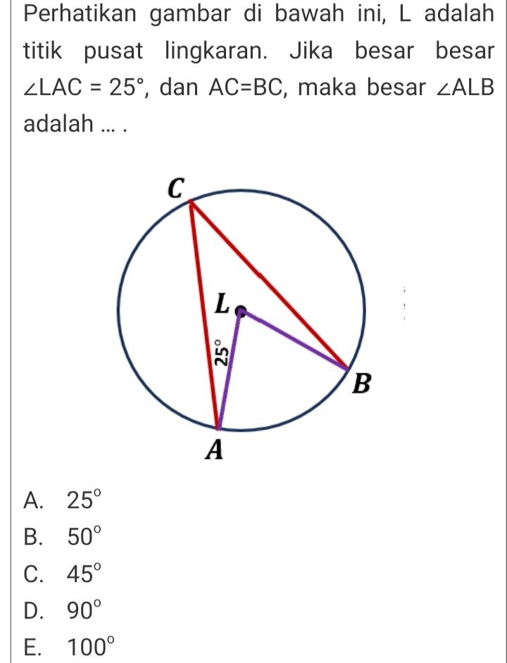 Perhatikan gambar di bawah ini, L adalah
titik pusat lingkaran. Jika besar besar
∠ LAC=25° , dan AC=BC , maka besar ∠ ALB
adalah ... .
A. 25°
B. 50°
C. 45°
D. 90°
E. 100°