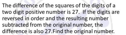 Solved: The difference of the squares of the digits of a two digit ...