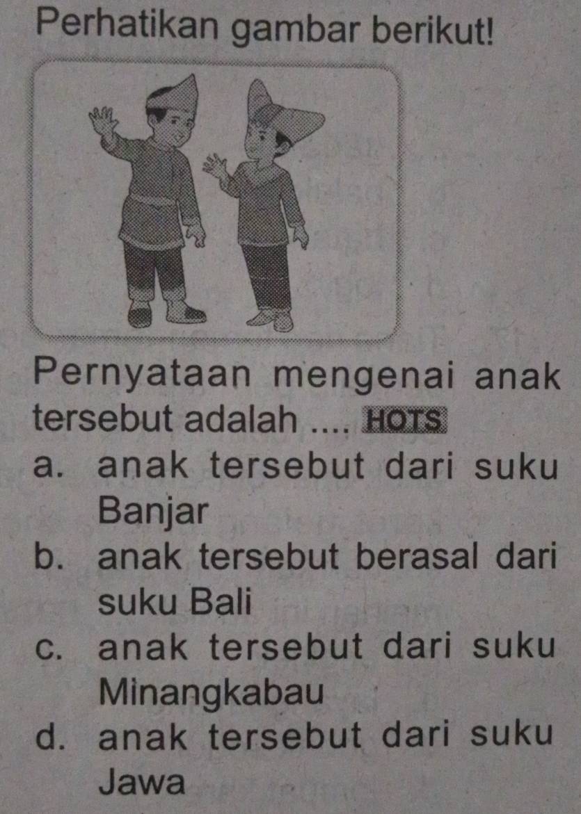 Perhatikan gambar berikut!
Pernyataan mengenai anak
tersebut adalah .... HOTS
a. anak tersebut dari suku
Banjar
b. anak tersebut berasal dari
suku Bali
c. anak tersebut dari suku
Minangkabau
d. anak tersebut dari suku
Jawa