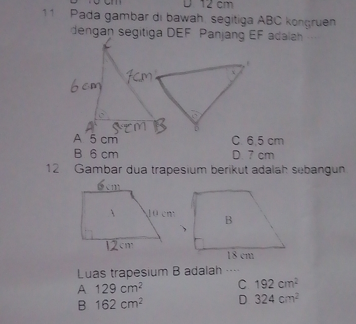 D. 12 cm
11 Pada gambar di bawah, segitiga ABC konçruen
dengan segitiga DEF Panjang EF adalah
A 5 cm C. 6,5 cm
B 6 cm D. 7 cm
12 Gambar dua trapesium berikut adalah sebangun.
Luas trapesium B adalah
A. 129cm^2 C. 192cm^2
B 162cm^2
D 324cm^2