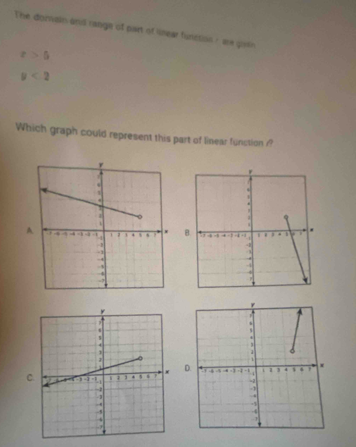 The dornair and range of part of lnear function : are qui
x>5
y<2</tex> 
Which graph could represent this part of linear function ? 
B 

D. 
C.