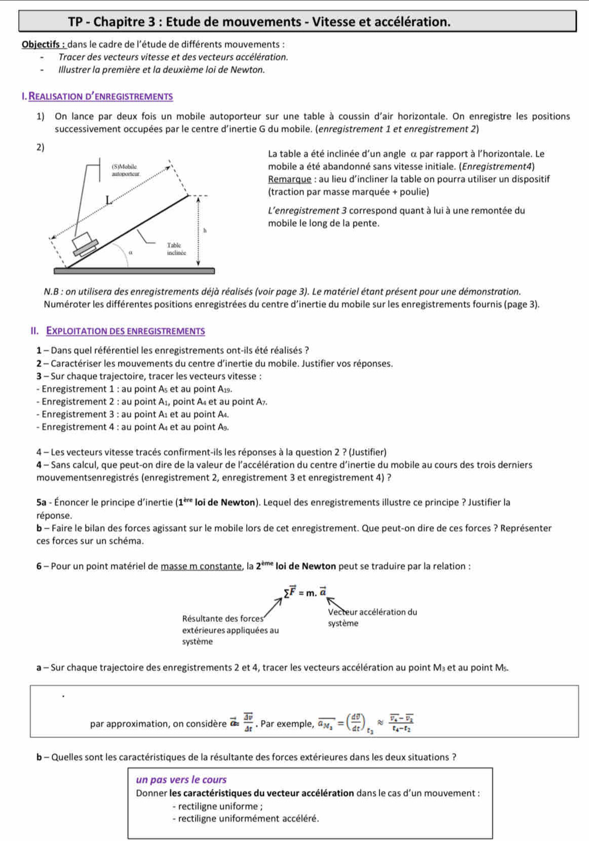 TP - Chapitre 3 : Etude de mouvements - Vitesse et accélération.
Objectifs : dans le cadre de l'étude de différents mouvements :
Tracer des vecteurs vitesse et des vecteurs accélération.
Illustrer la première et la deuxième loi de Newton.
1. Realisation d'enregistrements
1) On lance par deux fois un mobile autoporteur sur une table à coussin d'air horizontale. On enregistre les positions
successivement occupées par le centre d’inertie G du mobile. (enregistrement 1 et enregistrement 2)
La table a été inclinée d'un angle α par rapport à l'horizontale. Le
mobile a été abandonné sans vitesse initiale. (Enregistrement4)
Remarque : au lieu d’incliner la table on pourra utiliser un dispositif
(traction par masse marquée + poulie)
L'enregistrement 3 correspond quant à lui à une remontée du
mobile le long de la pente.
N.B : on utilisera des enregistrements déjà réalisés (voir page 3). Le matériel étant présent pour une démonstration.
Numéroter les différentes positions enregistrées du centre d'inertie du mobile sur les enregistrements fournis (page 3).
II. Exploitation des enregistrements
1  Dans quel référentiel les enregistrements ont-ils été réalisés ?
2 - Caractériser les mouvements du centre d’inertie du mobile. Justifier vos réponses.
3 - Sur chaque trajectoire, tracer les vecteurs vitesse :
- Enregistrement 1 : au point As et au point Aş.
- Enregistrement 2 : au point A_1, point A₄ et au point A7.
- Enregistrement 3 : au point A± et au point A₄.
- Enregistrement 4 : au point A₄ et au point A.
4 - Les vecteurs vitesse tracés confirment-ils les réponses à la question 2 ? (Justifier)
4 - Sans calcul, que peut-on dire de la valeur de l'accélération du centre d'inertie du mobile au cours des trois derniers
mouvementsenregistrés (enregistrement 2, enregistrement 3 et enregistrement 4) ?
5a - Énoncer le principe d’inertie (1^(ere) loi de Newton). Lequel des enregistrements illustre ce principe ? Justifier la
réponse.
b - Faire le bilan des forces agissant sur le mobile lors de cet enregistrement. Que peut-on dire de ces forces ? Représenter
ces forces sur un schéma.
6 - Pour un point matériel de masse m constante, la 2^(bme) loi de Newton peut se traduire par la relation :
sumlimits vector F=m.vector a
Vecteur accélération du
Résultante des forces
système
extérieures appliquées au
système
a - Sur chaque trajectoire des enregistrements 2 et 4, tracer les vecteurs accélération au point M₃ et au point Ms.
par approximation, on considère Q frac overline △ v△ t. Par exemple, overline a_M_2=(frac doverline θ dt)_t_2approx frac overline v_4-overline v_2t_4-t_2
b - Quelles sont les caractéristiques de la résultante des forces extérieures dans les deux situations ?
un pas vers le cours
Donner les caractéristiques du vecteur accélération dans le cas d'un mouvement :
- rectiligne uniforme ;
- rectiligne uniformément accéléré.