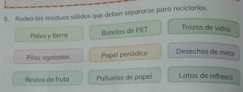 Rodea los residuos sólidos que deben separarse para reciclarlos.
Trozos de vidrio
Polvo y tierra
Botellas de PET
Pilas agotadas
Papel periódico Desechos de metal
Restos de fruta Pañuelos de papel Latas de refresco