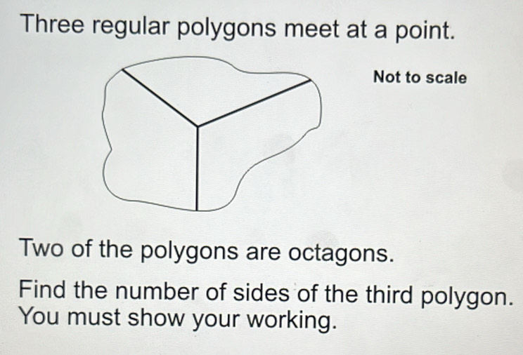 Solved: Three regular polygons meet at a point. Not to scale Two of the ...