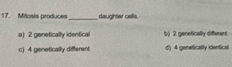 Mitosis produces_ daughter cells.
a) 2 genetically identical b) 2 genetically different
c) 4 genetically different d) 4 genetically identical