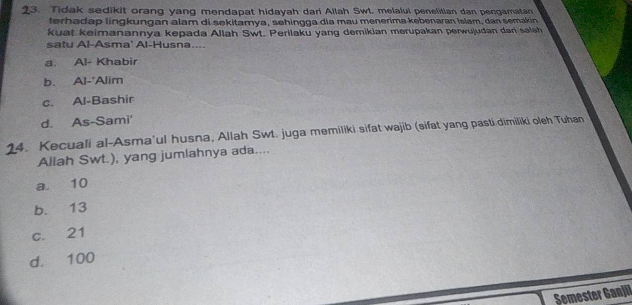 Tidak sedikit orang yang mendapat hidayah dari Allah Swt. melalui penelitian dan pengamatan
terhadap lingkungan alam di sekitamya, sehingga dia mau menerima kebenaran Islam, dan semakin
kuat keimanannya kepada Allah Swt. Perilaku yang demikian merupakan perwujudan dari salsh
satu Al-Asma' Al-Husna....
a. Al- Khabir
b. Al-'Alim
c. Al-Bashir
d. As-Sami'
14. Kecuali al-Asma’ul husna, Allah Swt. juga memiliki sifat wajib (sifat yang pasti dimiliki oleh Tuhan
Allah Swt.), yang jumlahnya ada....
a. 10
b. 13
c. 21
d. 100
Semester Ganjil