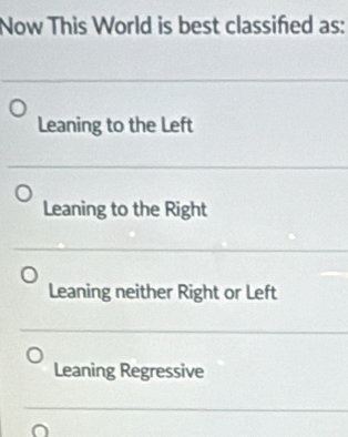 Now This World is best classifed as:
Leaning to the Left
Leaning to the Right
Leaning neither Right or Left
Leaning Regressive