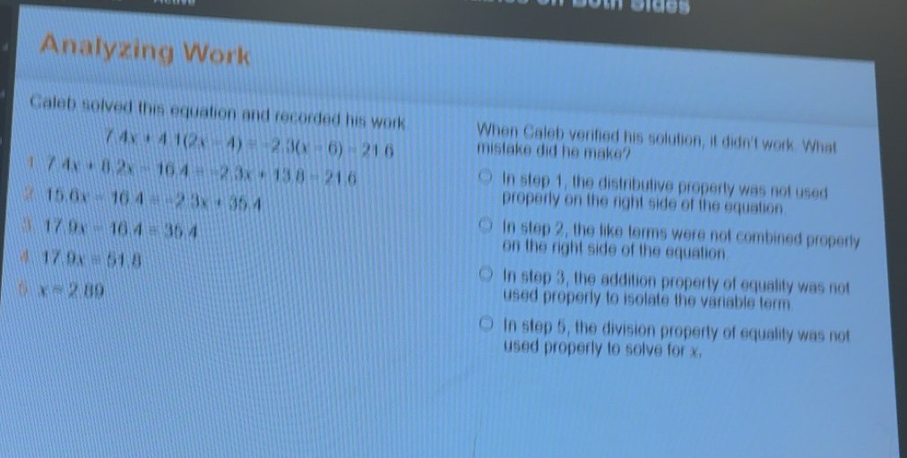 Solved: Analyzing Work Caleb solved this equation and recorded his work ...