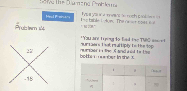 Solve the Diamond Problems 
Next Problem Type your answers to each problem in 
the table below. The order does not 
Problem #4 
matter! 
*You are trying to find the TWO secret 
numbers that multiply to the top 
number in the X and add to the 
bottom number in the X.