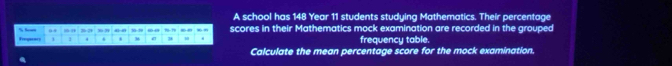 A school has 148 Year 11 students studying Mathematics. Their percentage 
scores in their Mathematics mock examination are recorded in the grouped 
1 : M 3 frequency table. 
Calculate the mean percentage score for the mock examination.