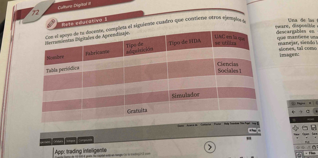 Cultura Digital II 
72 
Reto educativo 1 
tware, disponible 
a el siguiente cuadro que contiene otros ejemplos de 
Una de las 
descargables en 
que mantiene una 
manejar, siendo l 
siones, tal como 
imagen: 
Página 
* Dero Acanc 
piodudes Ortities Compounds 
App: trading inteligente 
Cuenta Demo de 10 000 é grats Su capital está en nesgo Gn lo trading2:12 com - Files