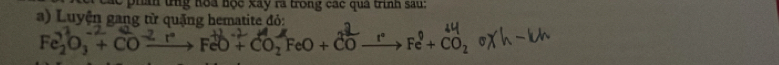 các pháh tng hoa học xay ra trong các qua trình sau: 
a) Luyện gang từ quặng hematite đỏ:
Fe₂O, + CO — '→FeO + CO₂ FeO + CO →“→ Fe+ CO₂ σX h -