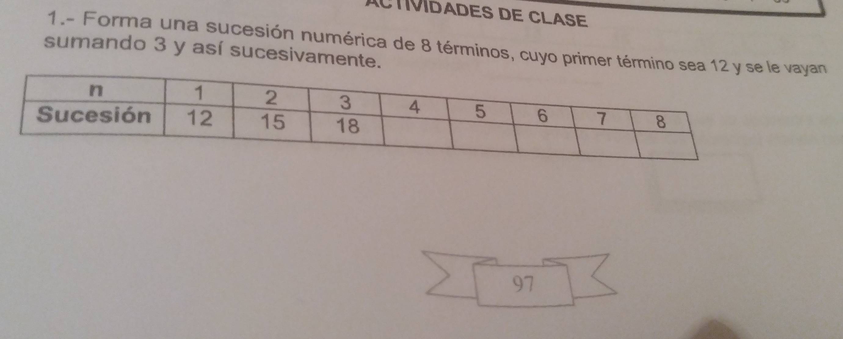 ACTIVIDADES DE CLASE 
1.- Forma una sucesión numérica de 8 términos, cuyo primer términyan 
sumando 3 y así sucesivamente.
97