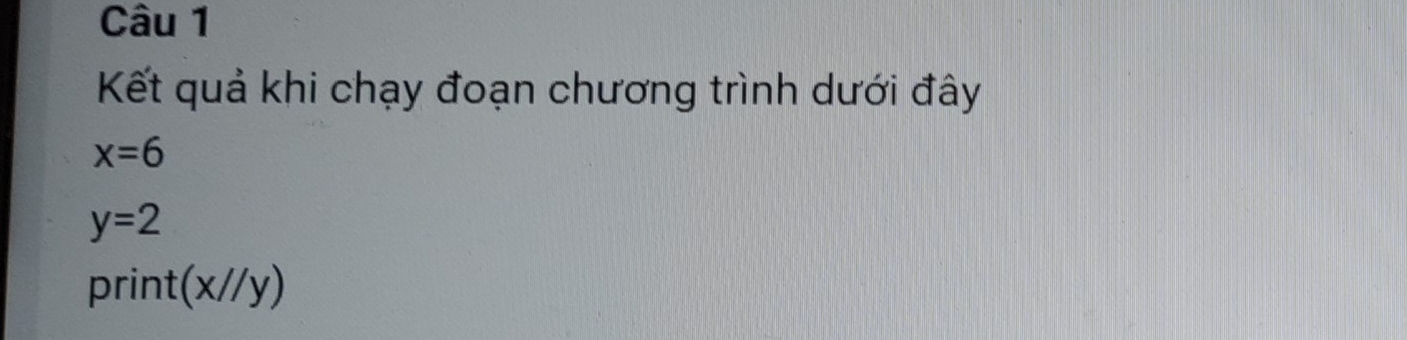 Kết quả khi chạy đoạn chương trình dưới đây
x=6
y=2
print(x//y)