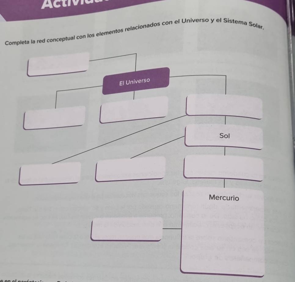 Ac t i 
Completa la red conceptual con los elementos relacionados con el Universo y el Sistema Solar, 
El Universo 
Sol 
Mercurio
