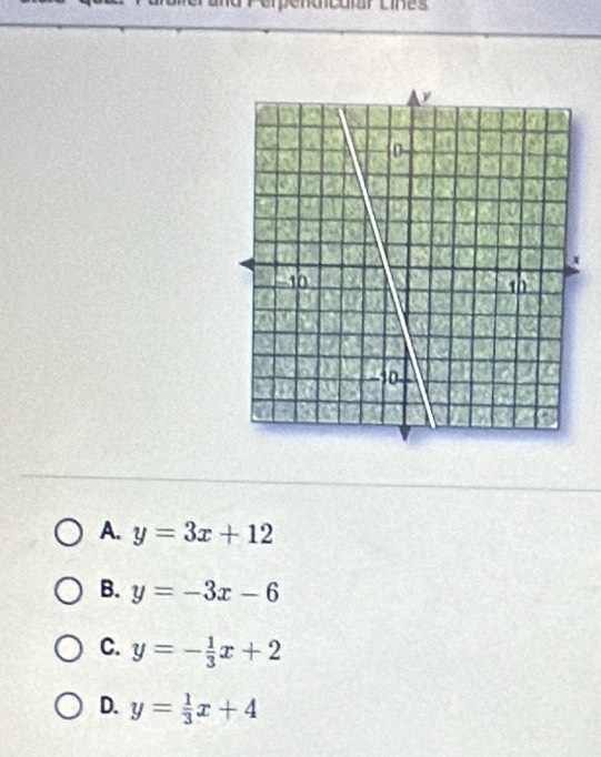 A. y=3x+12
B. y=-3x-6
C. y=- 1/3 x+2
D. y= 1/3 x+4