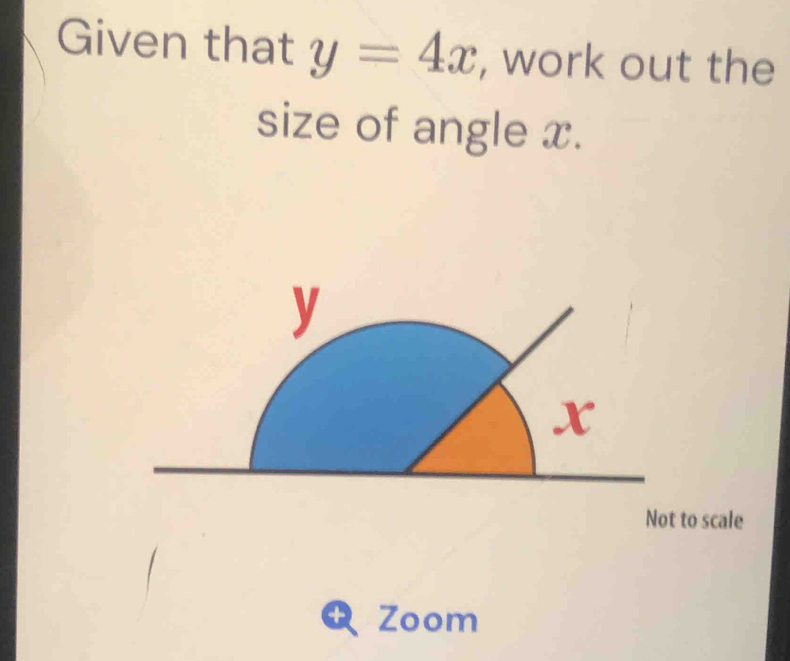 Given that y=4x , work out the 
size of angle x.
y
x
Not to scale 
+ Zoom