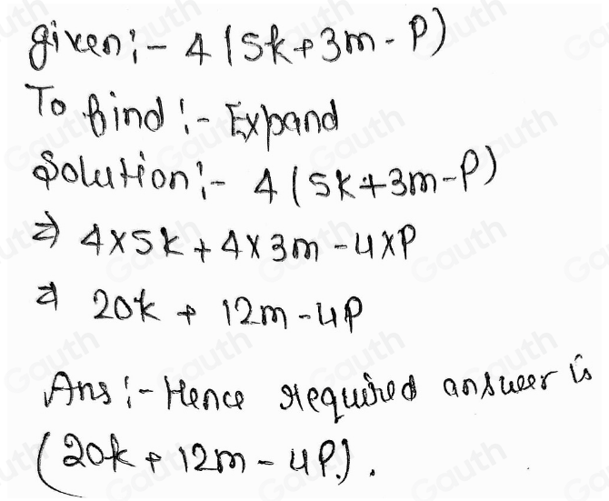 Solved: Expand 4(5k+3m-p) [Math]